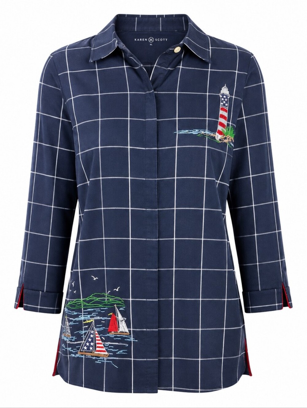 KAREN SCOTT | Navy Grid Coastal Lighthouse Sailboat Embroidered‎ Shirt | XL